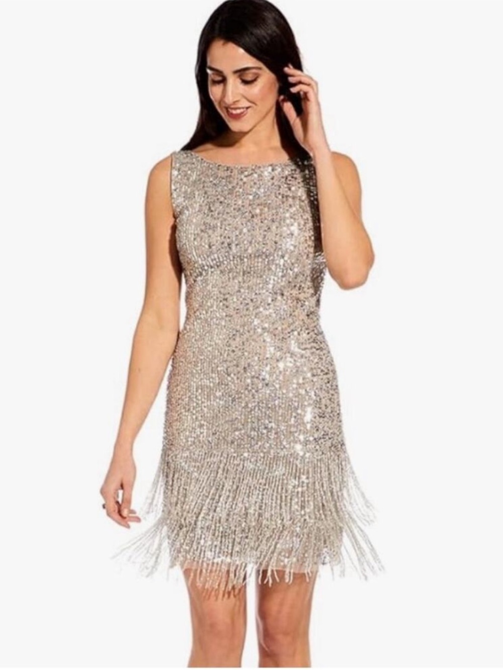 Adrianna Papell Silver Sequin Fringe Mini Dress Beaded Cocktail Formal Party 8